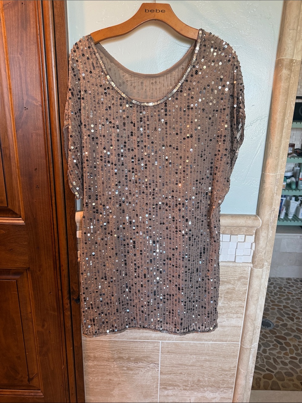Walter Baker Taupe Sequin Scoop Neck Short Sleeve dress